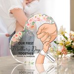 Personalized Our First Mother's Day Holding Hands Acrylic Heart Plaque with Names and Flowers Newborn Gift for New Mom