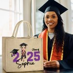 Personalized Cartoon Graduate Character Large Jute Tote Bag with Name Travel Essentials Graduation Gift for Women Men