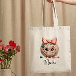 Personalised Cute Bow Glass Yarn Ball Canvas Tote Bag with Name Birthday Mother's Day Gift for Women Crochet Enthusiasts