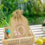 Personalized Cute Bunny Floral Initial Easter Burlap Drawstring Gift Bag with Name Easter Holiday Party Favors Gift for Boys Girls