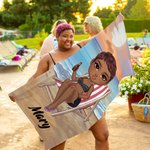 Personalised Sky Blue Sunset Cartoon Quick Dry Oversized Microfiber Beach Towel with Name Summer Travel Essentials Birthday Gift for Family Friends
