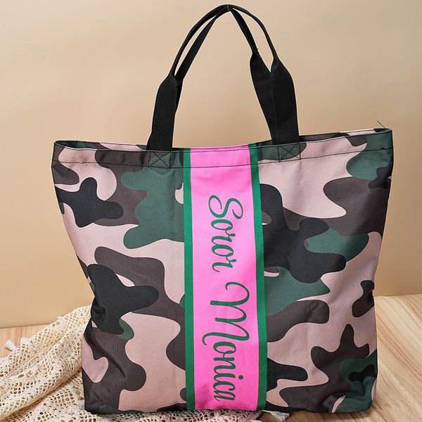 Personalized Camouflage Pink and Green Sorority Large Tote Bag with Name Travel Accessories Birthday Gift for Sisters Friends