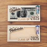 Personalized Cartoon Grad Cap Character Wooden Money Holder Cash Envelope with Name and Year Graduation Gift for Class of 2025 Graduates