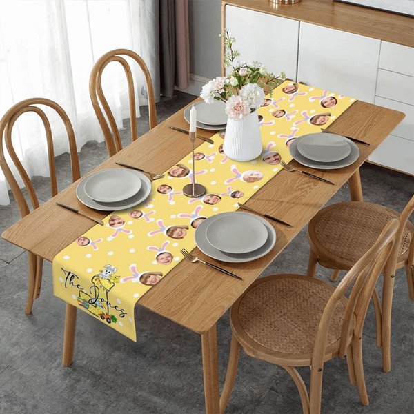 Personalized Polka Dot Bunny Ears 2-7 Face Photos Table Runner with Initial Easter Dining Decor Gift for Kids Family