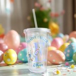 Personalized Cute Bunny Floral Initial 16oz Name Acrylic Tumbler with Straw and Lid Happy Easter Party Birthday Gift for Boys Girls