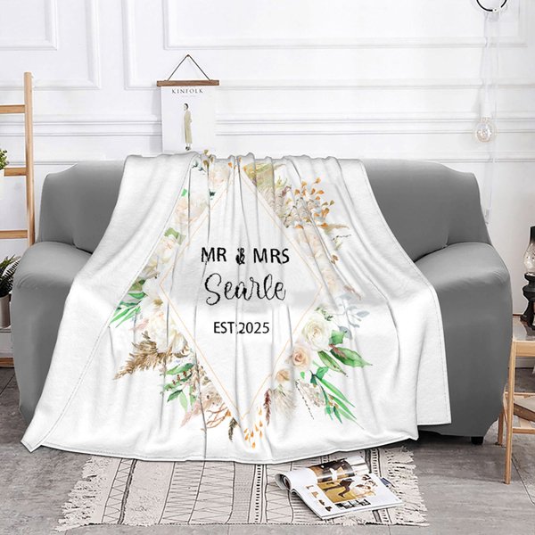 Personalisierte Blume MR & MRS Soft Floral Fleece-Decke mit Namen und Jahr Hochzeitstag Geschenk für Paar