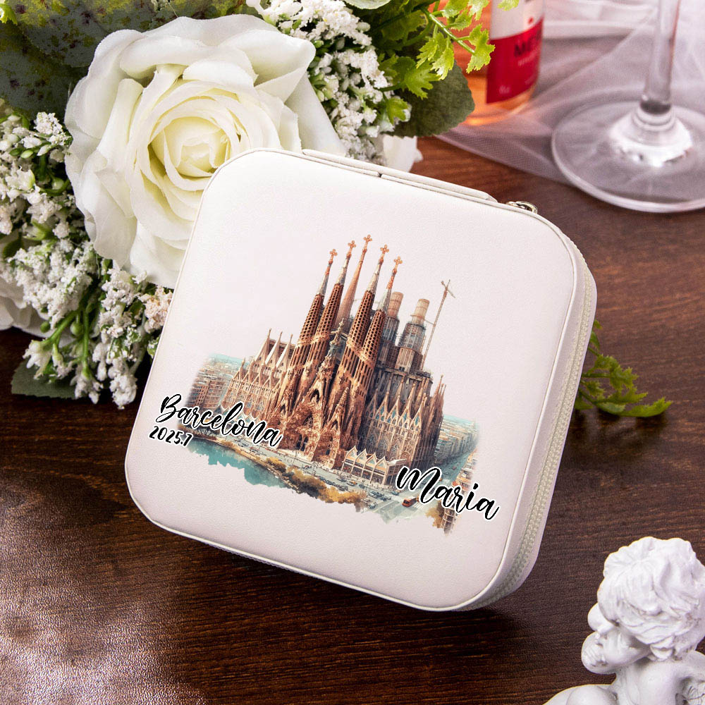 Boîte à Bijoux Personnalisée avec Nom et Point de Repère Accessoires de Voyage en Cuir PU Cadeau Anniversaire Noël pour Femmes