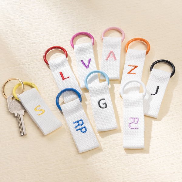 Personalized Multicolor Embroidered Initial Tag Elastic Ring Keychain Birthday Backpack Decoration Holiday Gift for Kids Family Friends