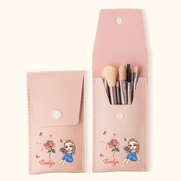Personalized Zodiac Birth Flower Name Makeup Brush Bag with 8 Pcs Makeup Brushes Travel Essentials Birthday Graduation Gift for Graduates Women