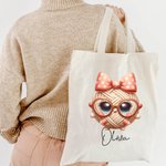 Personalised Cute Bow Glass Yarn Ball Canvas Tote Bag with Name Birthday Mother's Day Gift for Women Crochet Enthusiasts