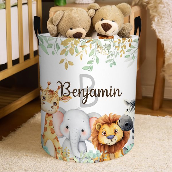 Personalised Cute Jungle Animals Large Capacity Initial Name Waterproof Laundry Storage Basket with Handle Birthday Gift for Boys Girls
