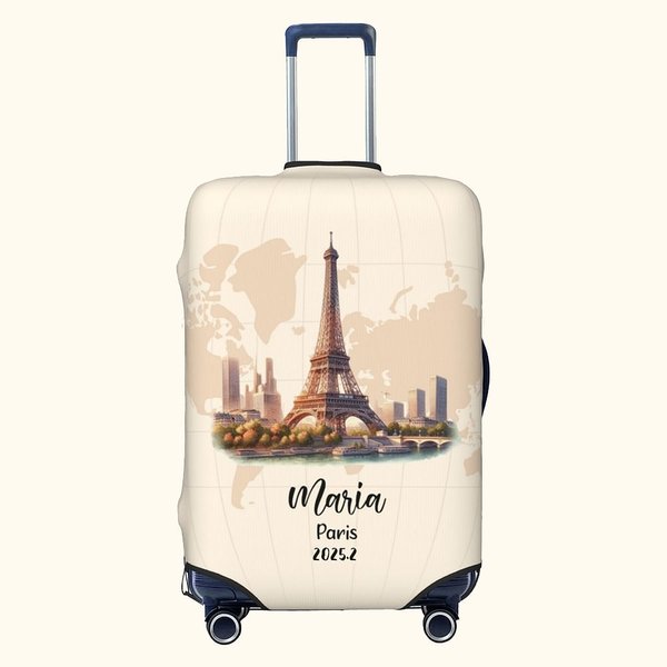Personalized Watercolor Landmark Name Luggage Cover Fits 18-32 Inches Suitcase Travel Accessories Gift for Travel Lovers