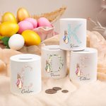 Personalisierte Floral Initial Peter Rabbit Keramik Spardose mit Namen Ostern Geburtstag Geschenk für Jungen Mädchen