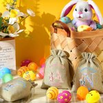 Personalized Cute Bunny Floral Initial Easter Burlap Drawstring Gift Bag with Name Easter Holiday Party Favors Gift for Boys Girls