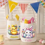 Personalized Cute Rabbit Chick Floral Bunny Ears Design Basket Bag with Name Easter Egg Hunt Party Favors Gift for Boys Girls