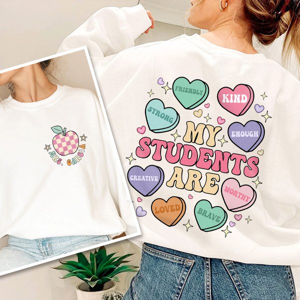 Personalized Apple Heart Candy Shape Daily Motivation T-shirt Sweatshirt with Name Appreciation Teacher's Day Gift for Teacher School Staff
