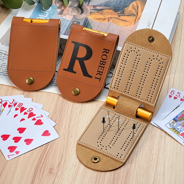 Personalised Minimalism Initial Name Portable Leather Cribbage Board Game Set with 4 Pegs Travel Camping Accessory Birthday Gift for Family
