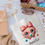 Personalised Cute Bow Glass Yarn Ball Canvas Tote Bag with Name Birthday Mother's Day Gift for Women Crochet Enthusiasts