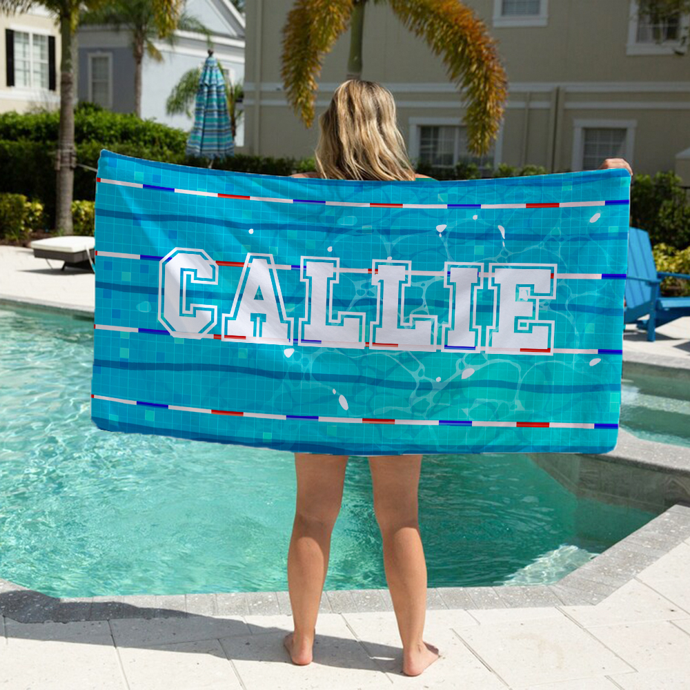 Serviette de Plage Personnalisée avec Nom Thème de Piscine Accessoire en Microfibre Séchage Rapide Cadeau Anniversaire Vacances pour Famille Amis