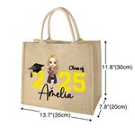 Personalized Cartoon Graduate Character Large Jute Tote Bag with Name Travel Essentials Graduation Gift for Women Men