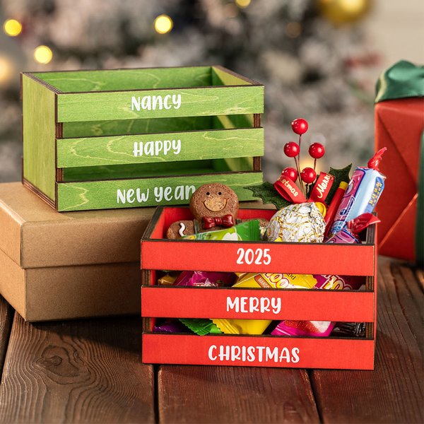 Personalizado de Navidad de color rojo verde caja de madera del cajón de caramelo de almacenamiento con el texto de decoración de mesa para el hogar de cumpleaños de Navidad de regalo para la familia 