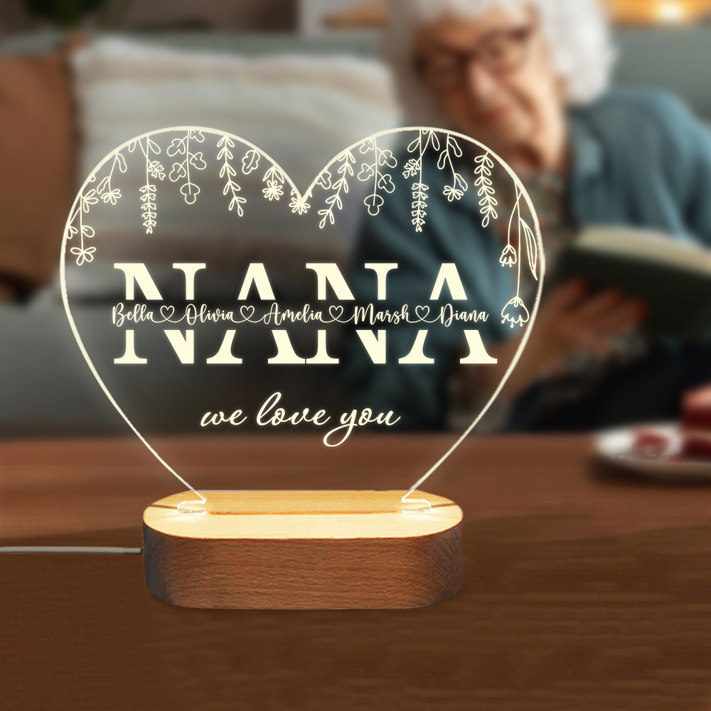 Veilleuse LED personnalisée Maman We Love You en forme de coeur avec 1-12 noms d'enfants et base en bois Décoration d'intérieur Cadeau de fête des mères Cadeau d'anniversaire pour Maman Grand-mère