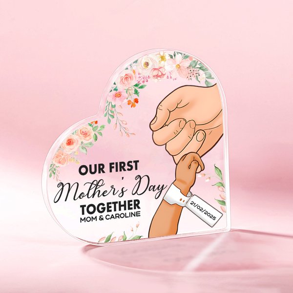 Personalised Our First Mother's Day Holding Hands Acrylic Heart Plaque with Names and Flowers Newborn Gift for New Mom