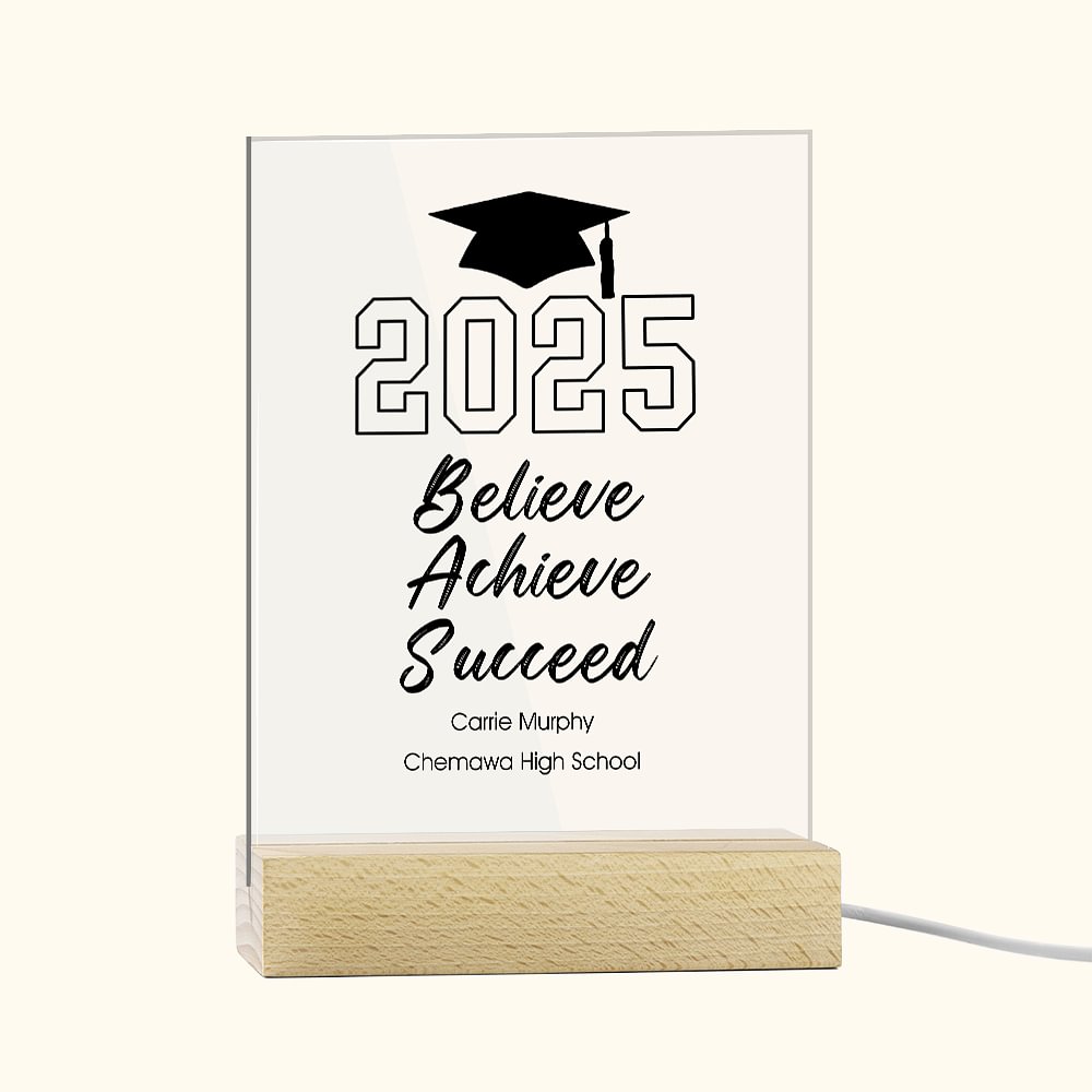 Plaque en Acrylique Personnalisée avec Nom Année École Lumière LED Base en Bois Cadeau Fin d'Études pour Diplômés de la Classe 2025