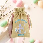 Personalized Cute Bunny Floral Initial Easter Burlap Drawstring Gift Bag with Name Easter Holiday Party Favors Gift for Boys Girls