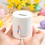 Personalisierte Floral Initial Peter Rabbit Keramik Spardose mit Namen Ostern Geburtstag Geschenk für Jungen Mädchen