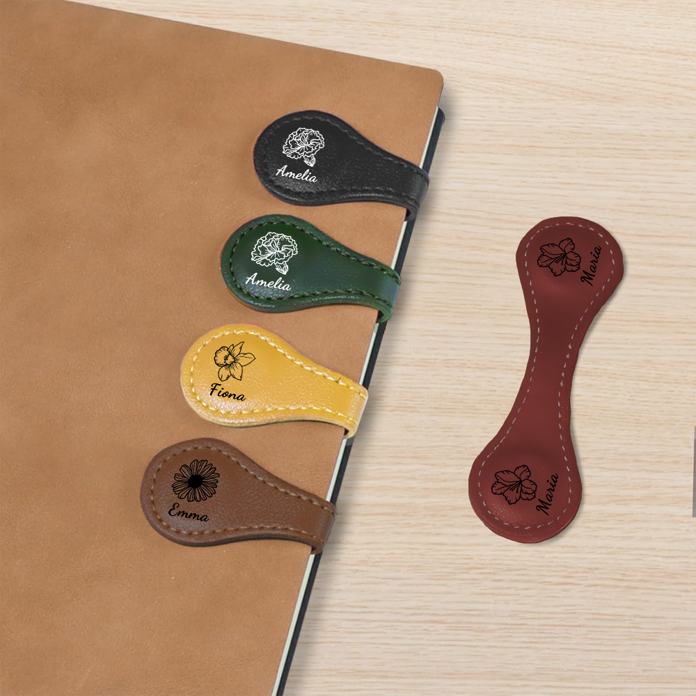 Marque-page magnétique personnalisé en cuir PU avec fleur de naissance et nom Cadeau d'anniversaire pour les amateurs de livres