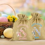 Personalized Cute Bunny Floral Initial Easter Burlap Drawstring Gift Bag with Name Easter Holiday Party Favors Gift for Boys Girls