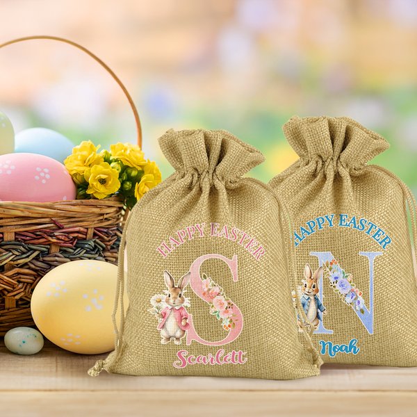 Personalized Cute Bunny Floral Initial Easter Burlap Drawstring Gift Bag with Name Easter Holiday Party Favors Gift for Boys Girls