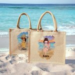 Personalisierte Sommer Jute-Strandtasche mit Cartoon-Motiv und Namensgravur Große Tragetasche Tote Bag für Strand Party Geburtstag Geschenk für Damen