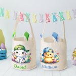 Personalized Cute Rabbit Chick Floral Bunny Ears Design Basket Bag with Name Easter Egg Hunt Party Favors Gift for Boys Girls