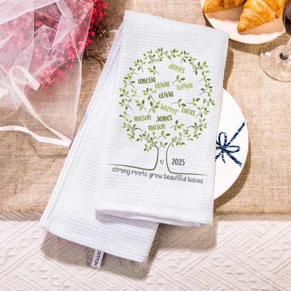 Personalized Absorbent Family Tree Leaves Waffle Tea Towel with 2-20 Names Kitchen Accessories Birthday Mother's Day Gift for Grandma Mom