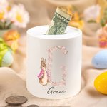 Personalisierte Floral Initial Peter Rabbit Keramik Spardose mit Namen Ostern Geburtstag Geschenk für Jungen Mädchen