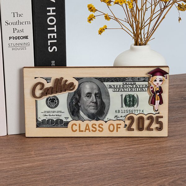 Personalised Cartoon Grad Cap Character Wooden Money Holder Cash Envelope with Name and Year Graduation Gift for Class of 2025 Graduates
