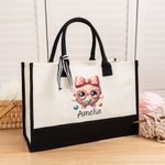 Personalizado lindo arco de dibujos animados de ganchillo gran bolsa de lona con el nombre de cumpleaños Día de la Madre de regalo para la mamá de la abuela amantes de ganchillo