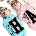 Leopardo Personalizado Nombre Inicial 100% Algodón Swaddle y Nudo Sombrero Set Baby Shower Cumpleaños Regalo para Recién Nacidos