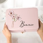 Personalizzato Vintage Birth Flower Multi-Compartimenti Nome Portagioie con LED Specchio per il trucco Accessori da viaggio Regalo di compleanno per le donne