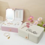 Personalizzato Vintage Birth Flower Multi-Compartimenti Nome Portagioie con LED Specchio per il trucco Accessori da viaggio Regalo di compleanno per le donne