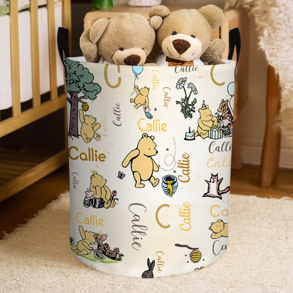 Personalized Classic Winnie the Pooh Waterproof Collapsible Laundry Storage Basket with Name and Handle Birthday Holiday Gift for Kids