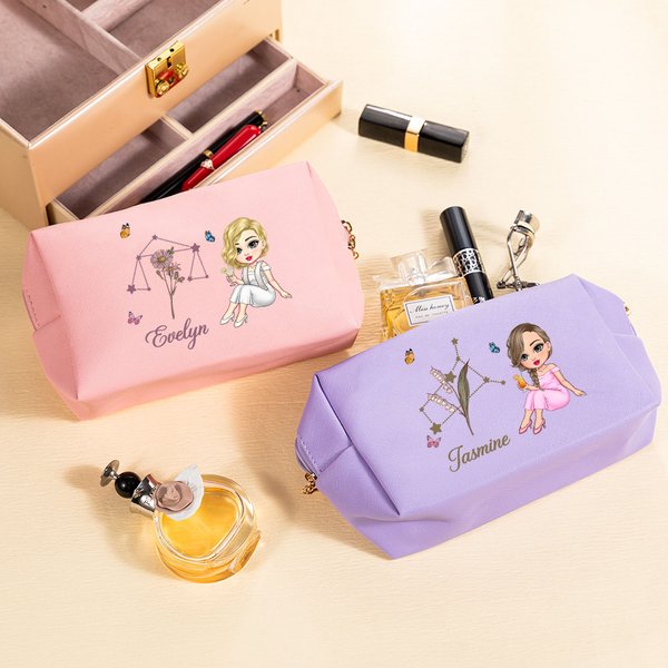 Personlig Cartoon Graduate Horoscope Birth Flower Läder Kosmetisk väska med namn Graduation Födelsedagspresent för vänner Flickor