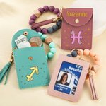 Personalized Zodiac Name Tassel Keychain Wristlet Leather Wallet with Beaded Bracelet Anniversary Birthday Gift for Women