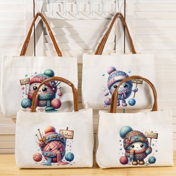 Personalized Cute Cartoon Crochet Canvas Tote Bag with Name Travel Accessories Birthday Gift for Family Friends