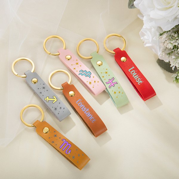 Personalized Multicolour Zodiac Sign Leather Keychain with Name Birthday Anniversary Bag Accessories Gift for Women