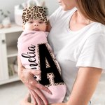 Leopardo Personalizado Nombre Inicial 100% Algodón Swaddle y Nudo Sombrero Set Baby Shower Cumpleaños Regalo para Recién Nacidos