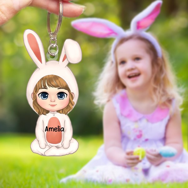 Personalized Cute Bunny Suit Cartoon Character Acrylic Keychain with Name Easter Party Birthday Gift for Boys Girls