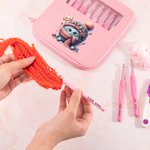 Personalized Cartoon Yarn Ball Pink Ergonomic Crochet Hooks Set of 8 with Scissor and Name Storage Case Birthday Gift for Craft Knitting Lovers